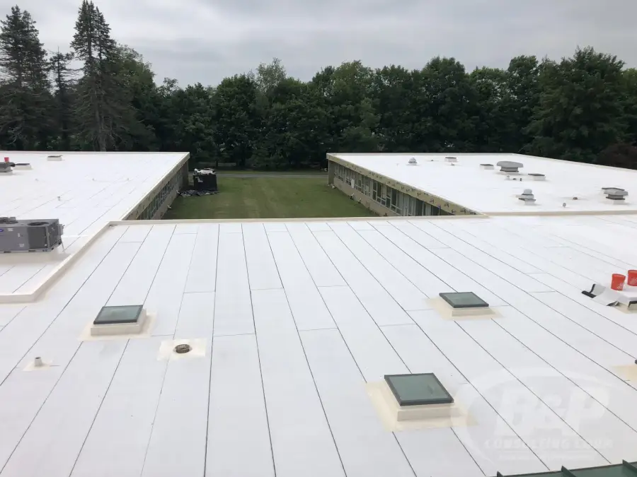 Wide white commercial flat roof with skylights and trees beyond